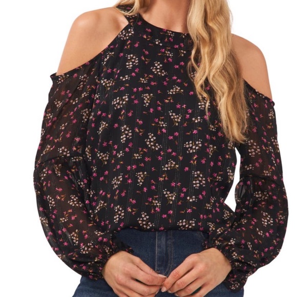 CeCe Cold Shoulder Black Floral Blouse with Lurex Accents LARGE NWT - Picture 5 of 8